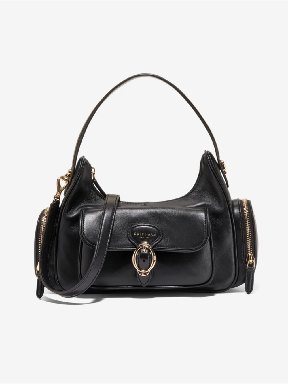 NEW with Tag Cole Haan Black Leather Shoulder Bag with Gold Hardware Accent